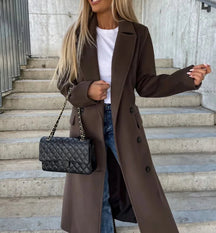 Women's Long Double-Breasted Winter Coat | Helene in Dark Brown - Juana Fashion