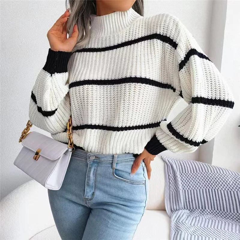 Women's Fine Knit Striped Turtleneck Sweater — View 3