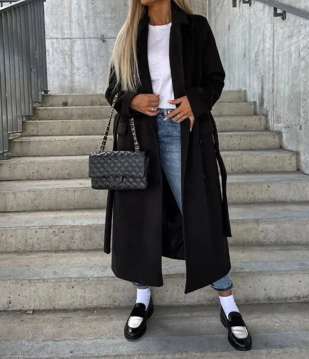 Women's Long Double-Breasted Winter Coat | Helene in Dark Brown - Juana Fashion