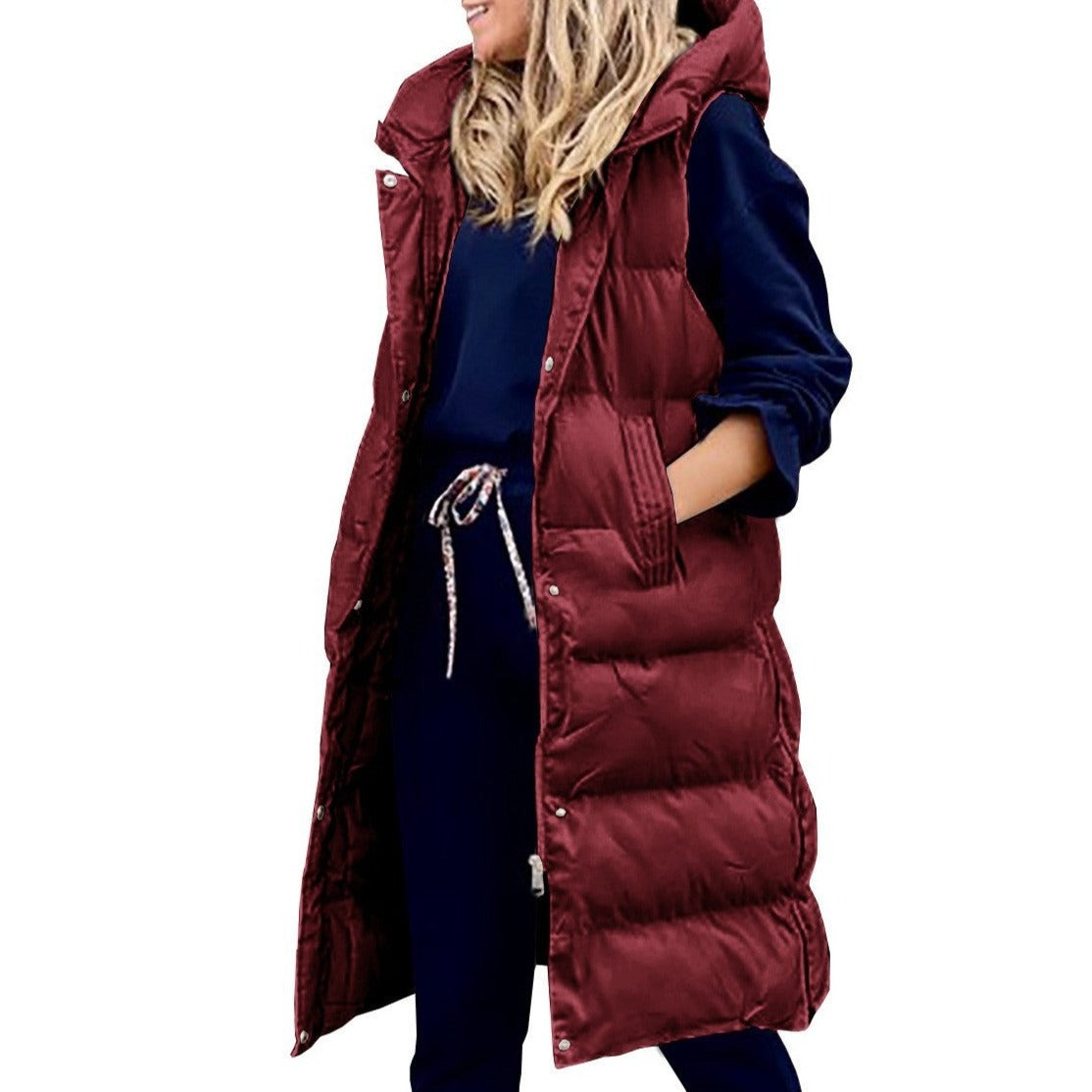 Women's Single Breasted Hooded Longline Vest — View 2