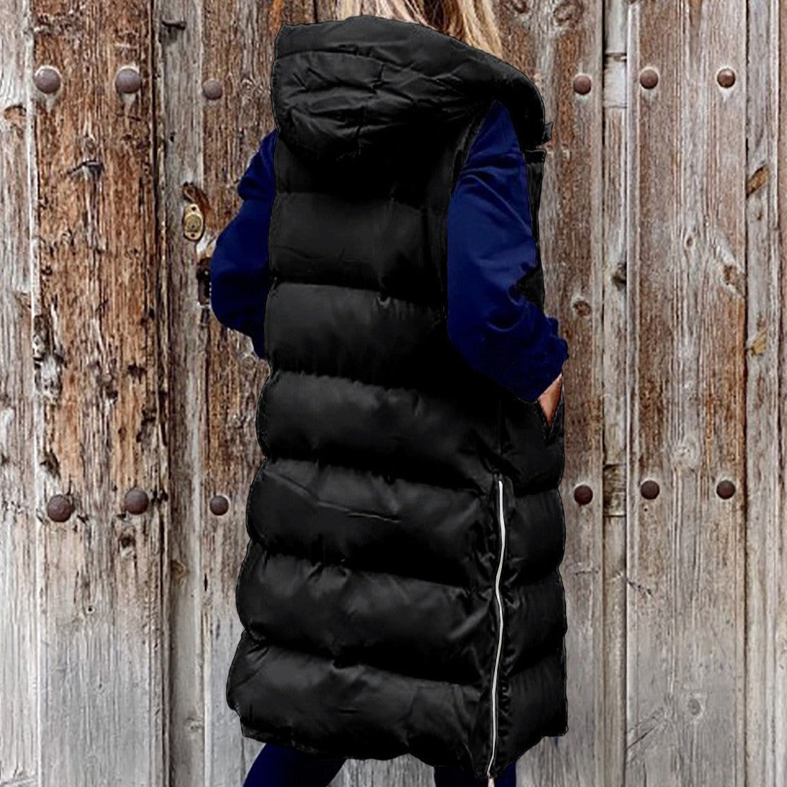 Women's Single Breasted Hooded Longline Vest — View 13