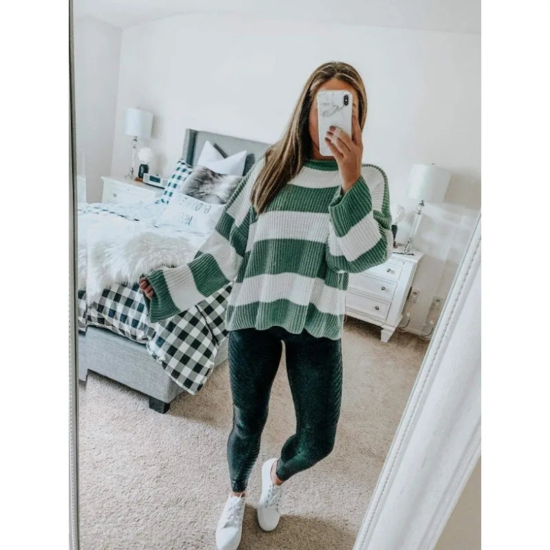 Women's Striped Long Sleeve Turtleneck Sweater — View 1