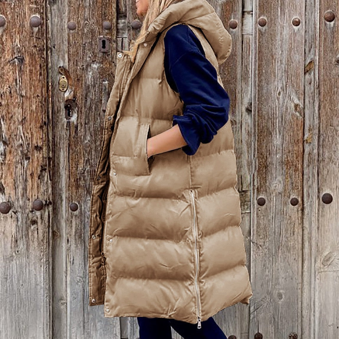 Women's Single Breasted Hooded Longline Vest — View 10