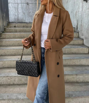 Women's Long Double-Breasted Winter Coat | Helene in Dark Brown - Juana Fashion
