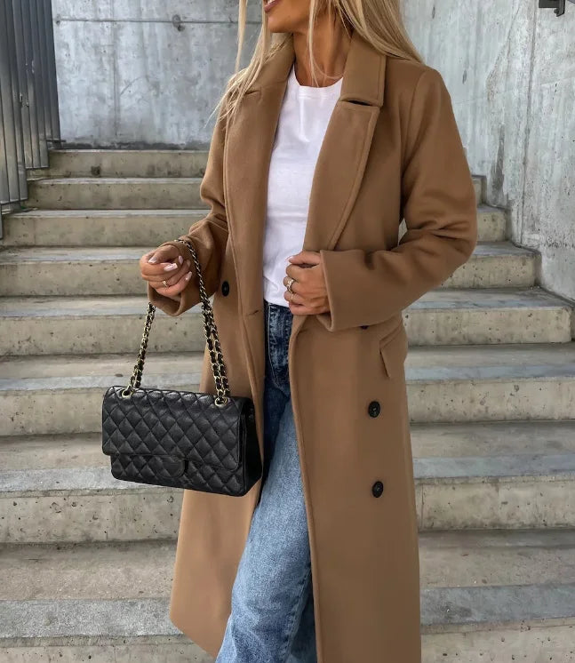 Women's Long Double-Breasted Winter Coat | Helene in Dark Brown - Juana Fashion