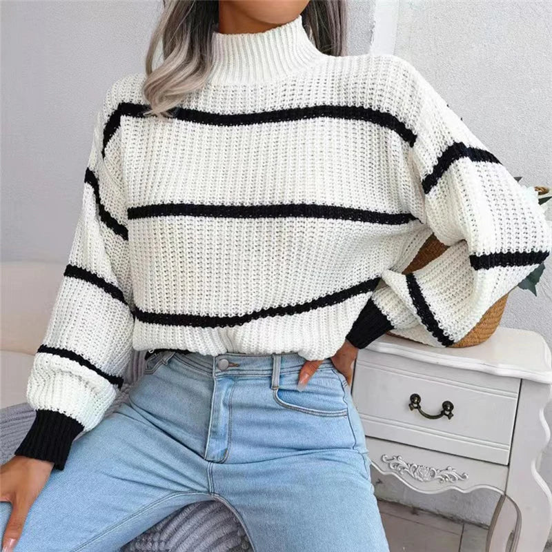 Women's Fine Knit Striped Turtleneck Sweater — View 1