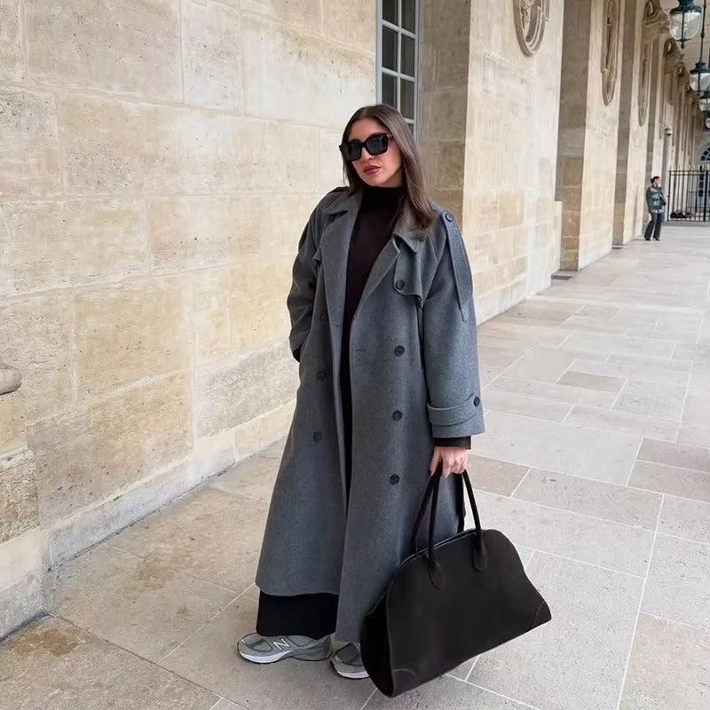 Women's Long Wool Winter Trench Coat | Sabine in Gray - Juana Fashion