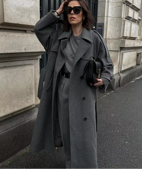 Women's Long Wool Winter Trench Coat | Sabine in Black - Juana Fashion