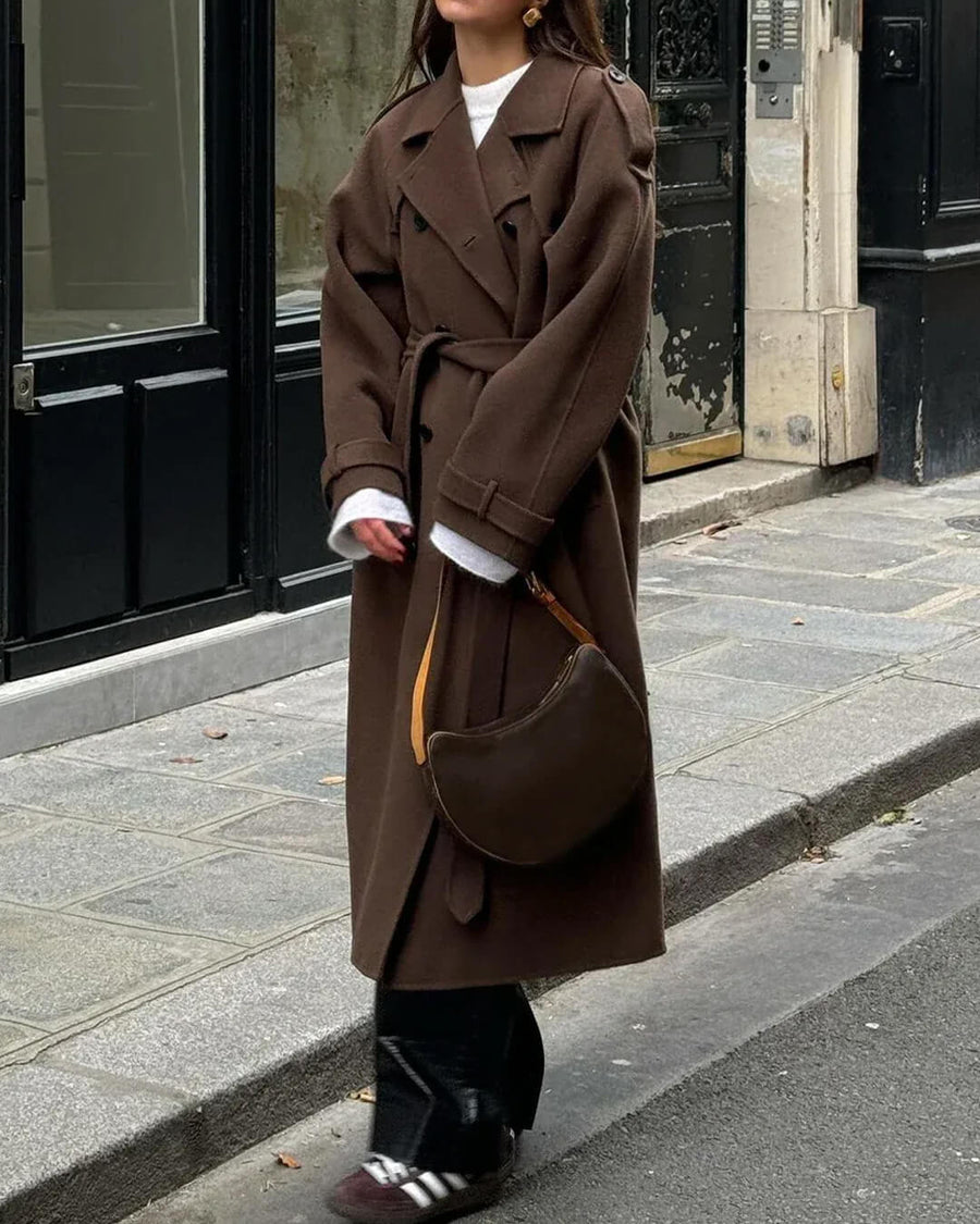 Women's Long Wool Winter Trench Coat | Sabine in Brown - Juana Fashion