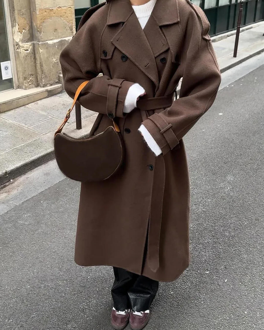 Women's Long Wool Winter Trench Coat | Sabine in Brown - Juana Fashion