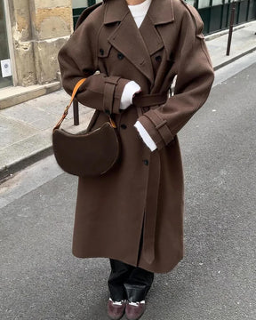 Women's Long Wool Winter Trench Coat | Sabine in Brown - Juana Fashion