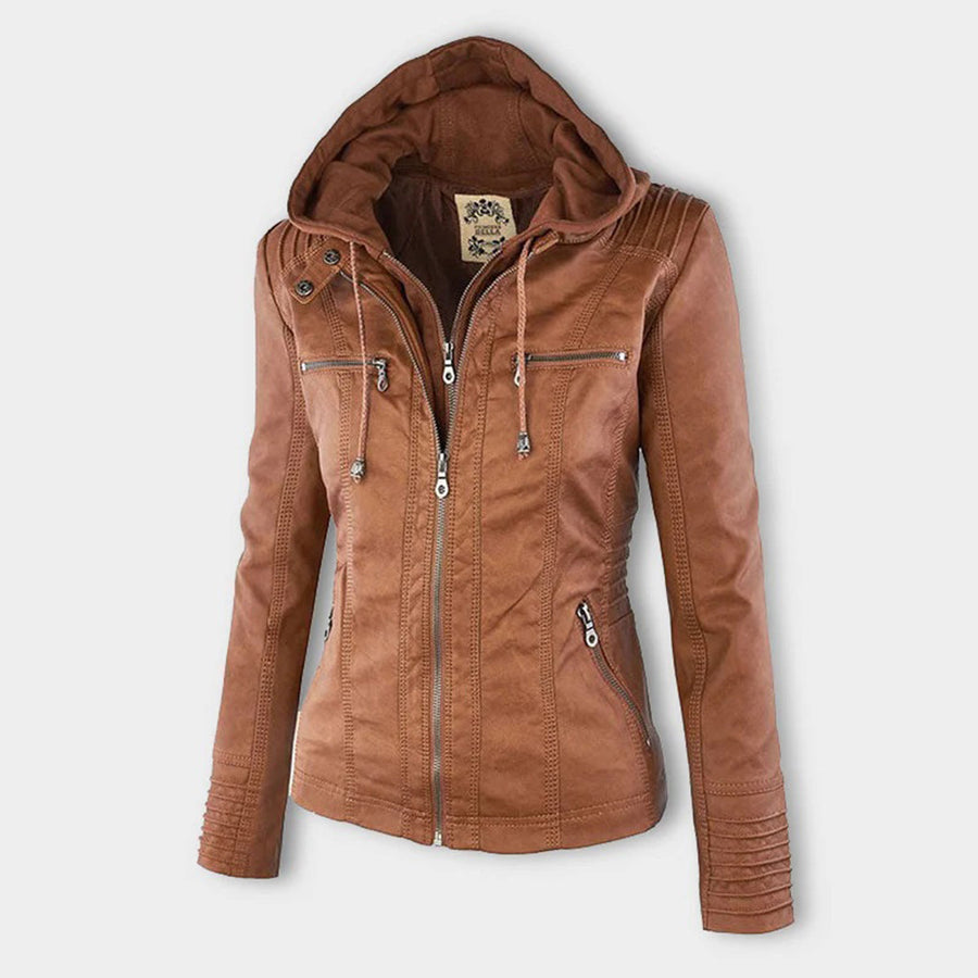 Women's Ribbed Hooded Faux Leather Jacket — View 1