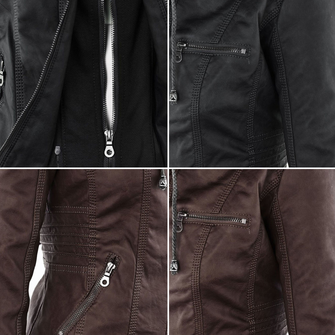 Women's Ribbed Hooded Faux Leather Jacket — View 17