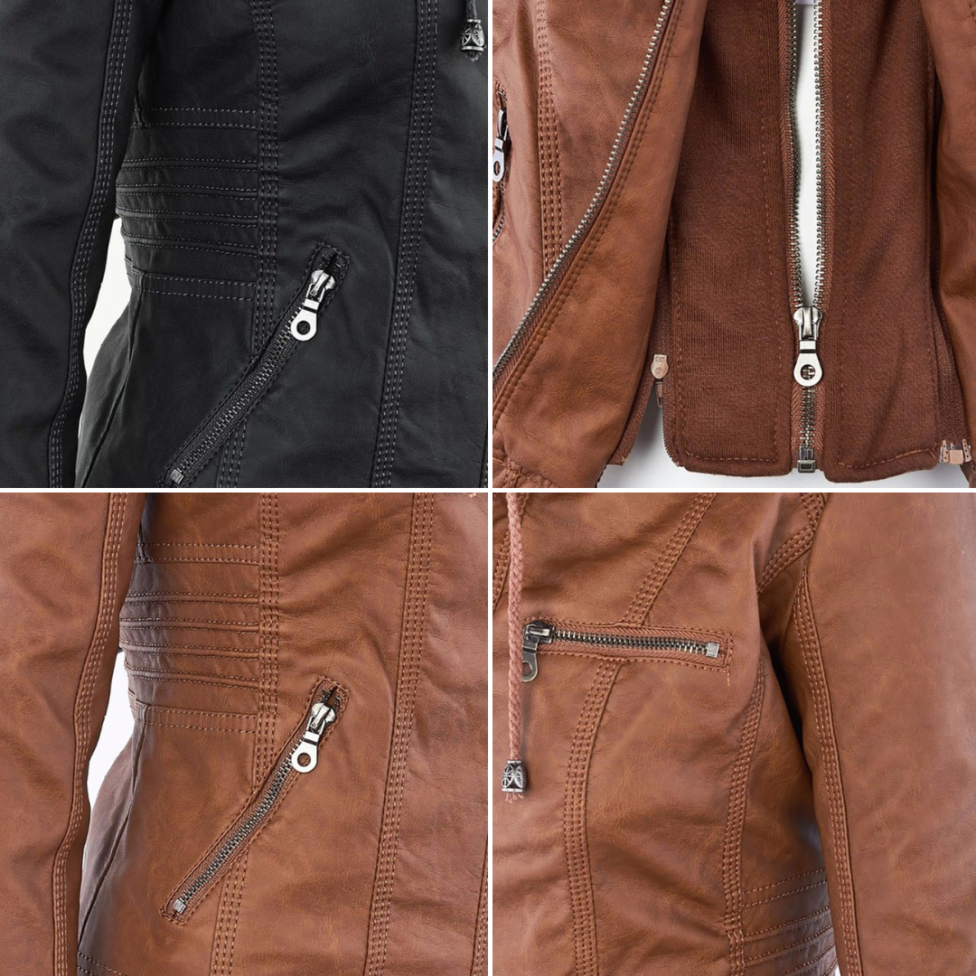 Women's Ribbed Hooded Faux Leather Jacket — View 18