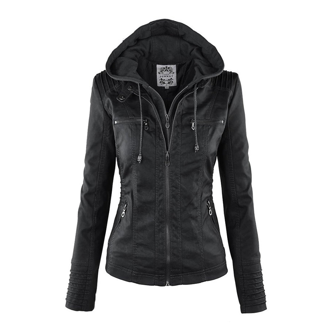 Women's Ribbed Hooded Faux Leather Jacket — View 20