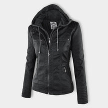 Women's Ribbed Hooded Faux Leather Jacket — View 4
