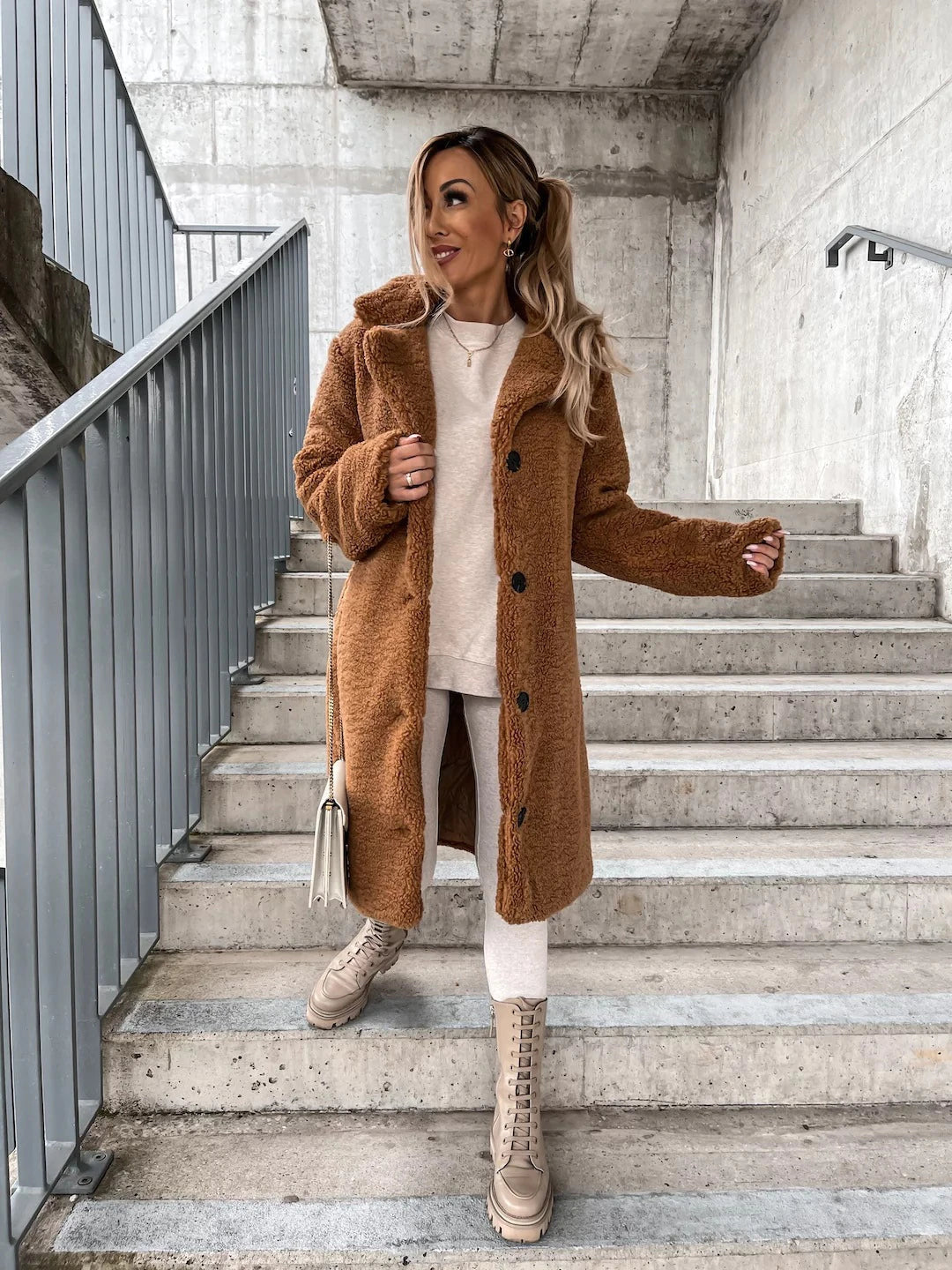 Women's Wool Button Detail Longline Coat — View 4