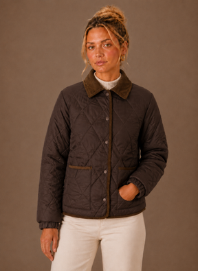 Women's Quilted Jacket with Corduroy Collar | Zofia in Brown - Juana Fashion