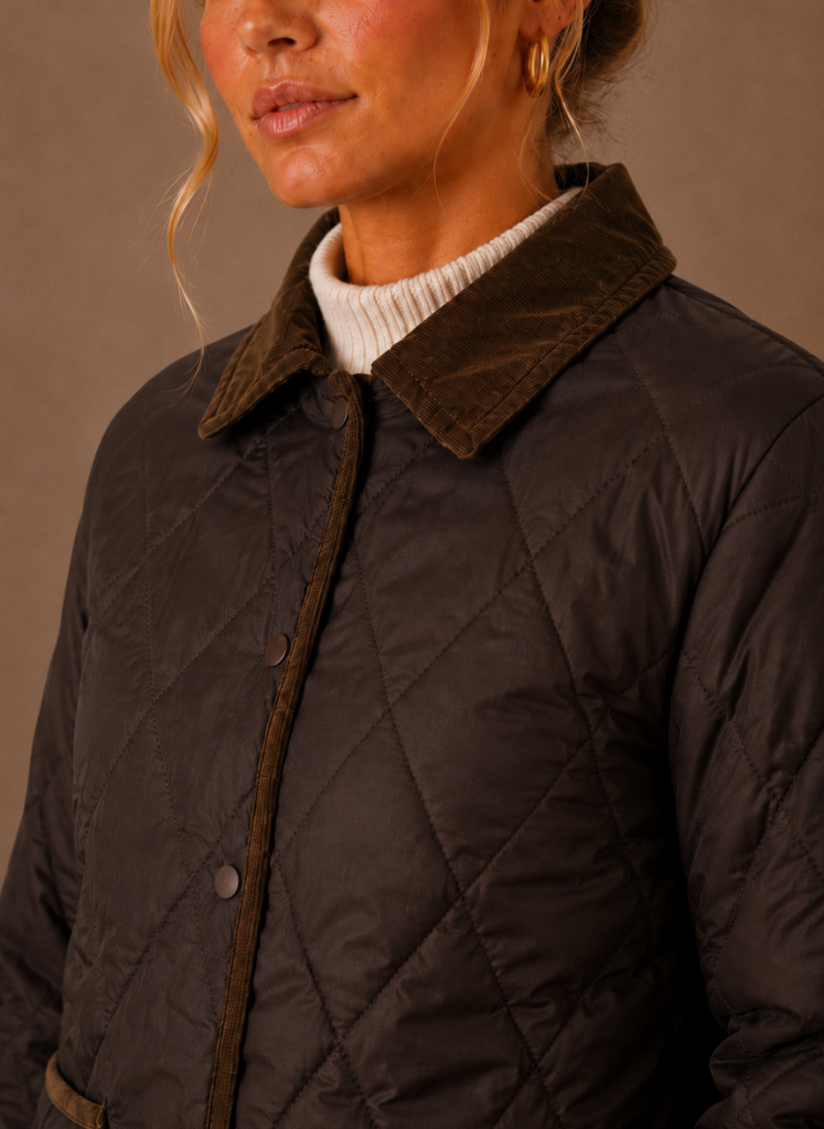 Women's Quilted Jacket with Corduroy Collar | Zofia in Brown - Juana Fashion