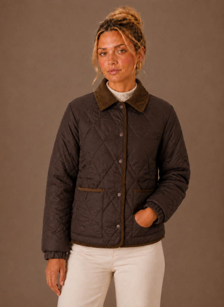 Women's Quilted Jacket with Corduroy Collar | Zofia in Brown - Juana Fashion