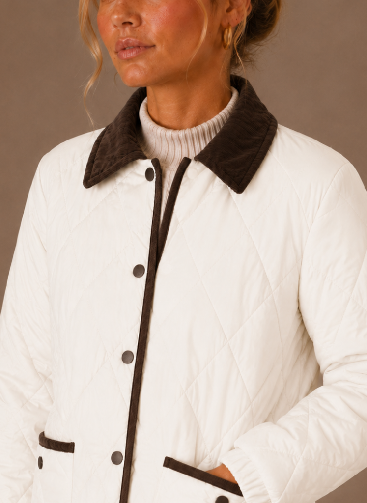 Women's Quilted Jacket with Corduroy Collar | Zofia in White - Juana Fashion