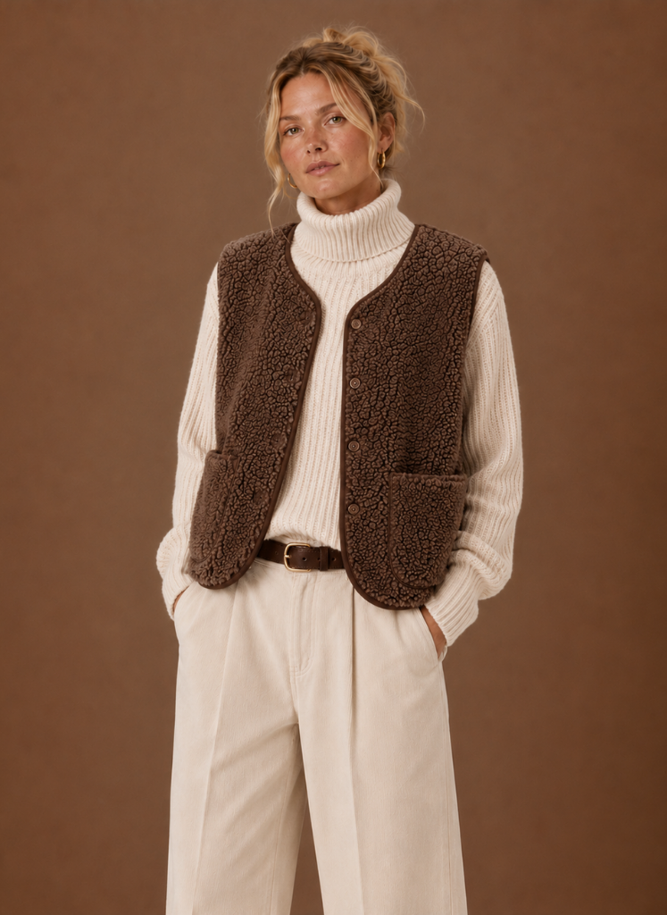 Women's Sherpa Fleece Vest | Teresa in Brown - Juana Fashion
