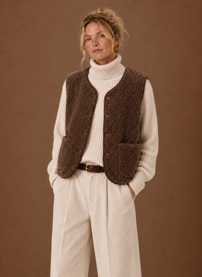 Women's Sherpa Fleece Vest | Teresa in Brown - Juana Fashion