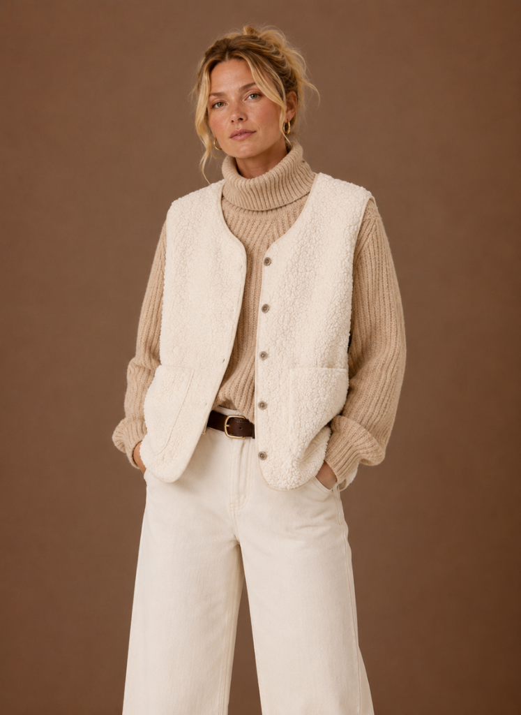 Women's Sherpa Fleece Vest | Teresa in White - Juana Fashion