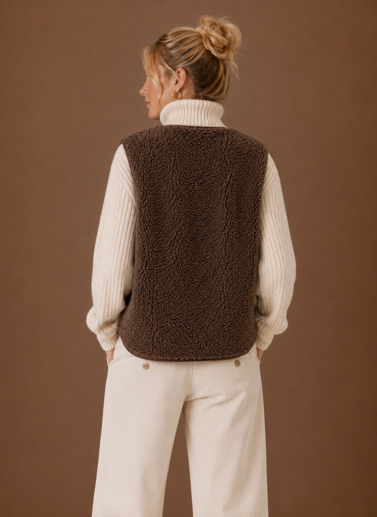 Women's Sherpa Fleece Vest | Teresa in Brown - Juana Fashion