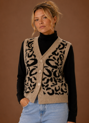Women's Leopard Print Button-Front Knit Vest | Rosa in Animal Print - Juana Fashion