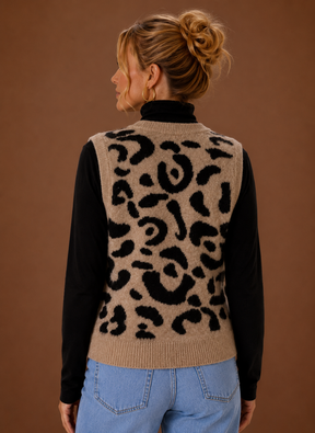 Women's Leopard Print Button-Front Knit Vest | Rosa in Animal Print - Juana Fashion