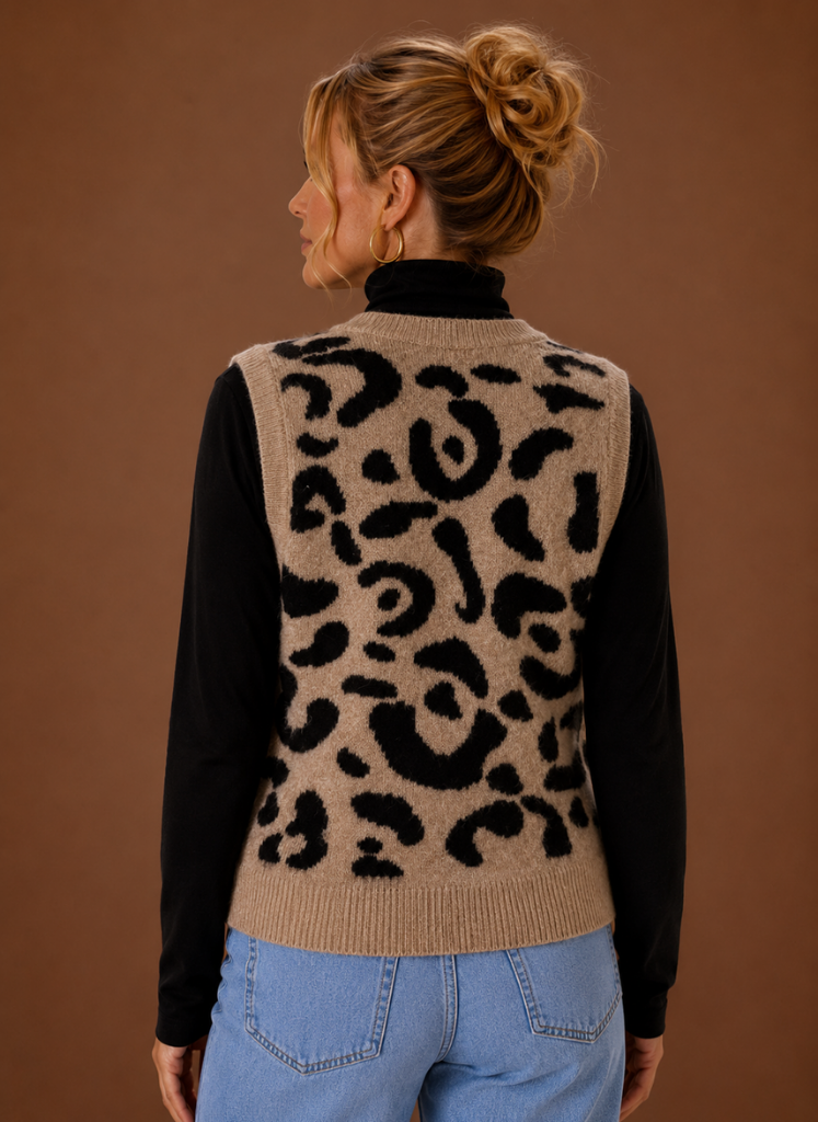 Women's Leopard Print Button-Front Knit Vest | Rosa in Animal Print - Juana Fashion
