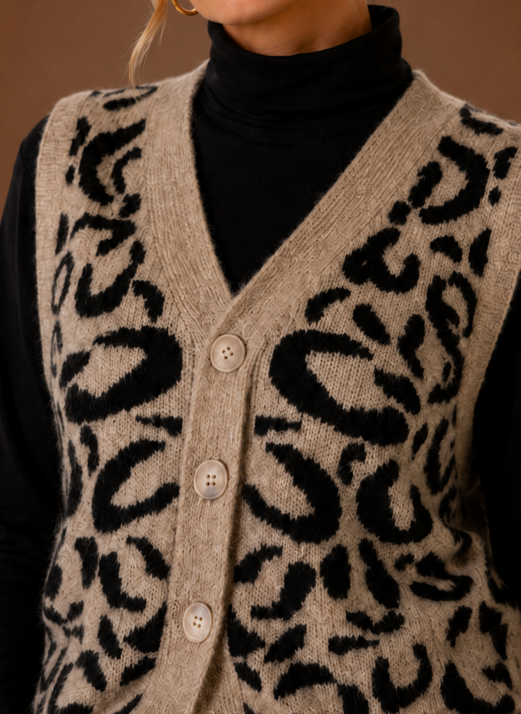 Women's Leopard Print Button-Front Knit Vest | Rosa in Animal Print - Juana Fashion