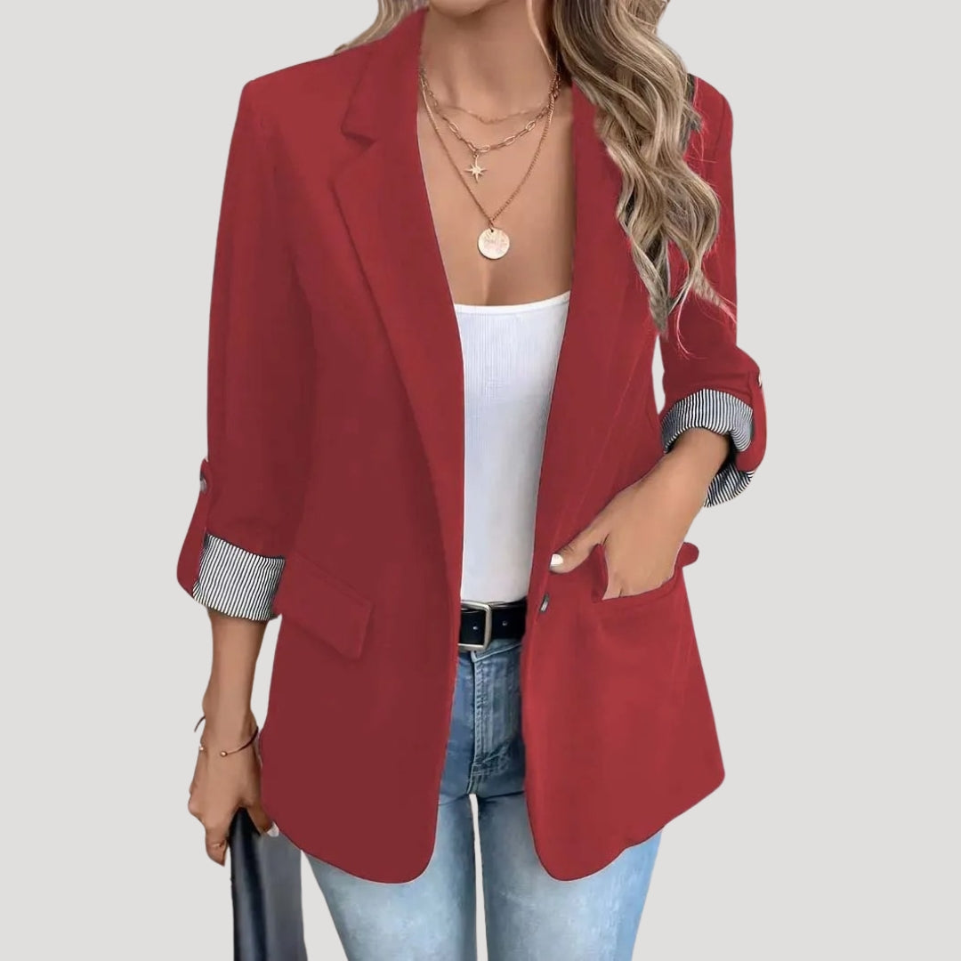 Women's Single-Breasted Blazer with Roll-Up Sleeves | Theresa in Navy - Juana Fashion