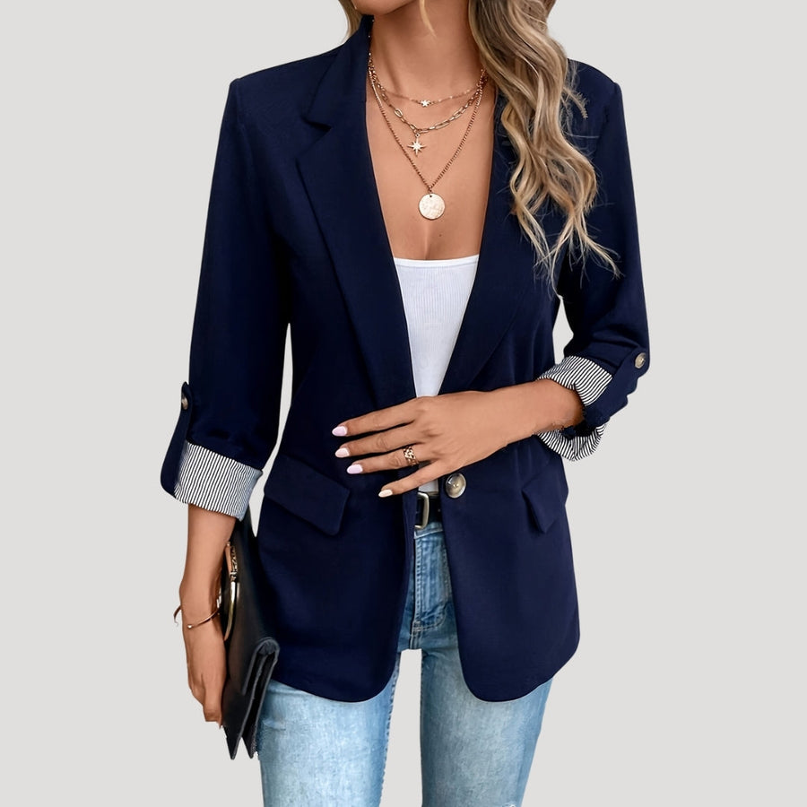 Women's Single-Breasted Blazer with Roll-Up Sleeves | Theresa in Navy - Juana Fashion