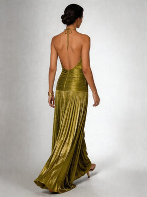 Women's Pleated Halter Maxi Evening Dress with Slit | Aileen