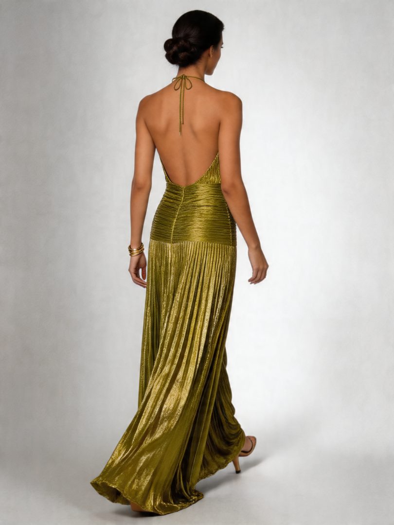 Women's Pleated Halter Maxi Evening Dress with Slit | Aileen