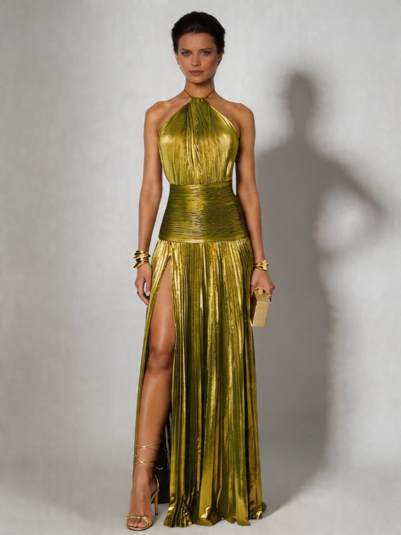Women's Pleated Halter Maxi Evening Dress with Slit | Aileen in Green
