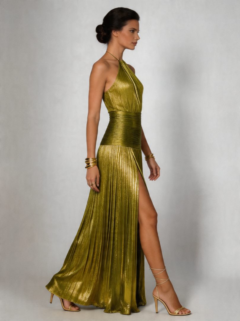 Women's Pleated Halter Maxi Evening Dress with Slit | Aileen