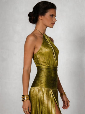 Women's Pleated Halter Maxi Evening Dress with Slit | Aileen