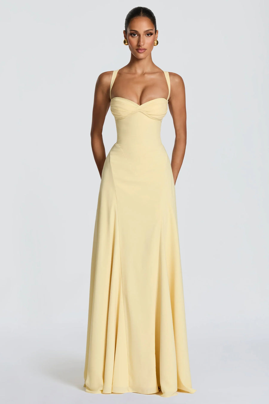 Women's Satin Sweetheart Maxi Prom Dress, Lace-Up Back | Amber in Yellow