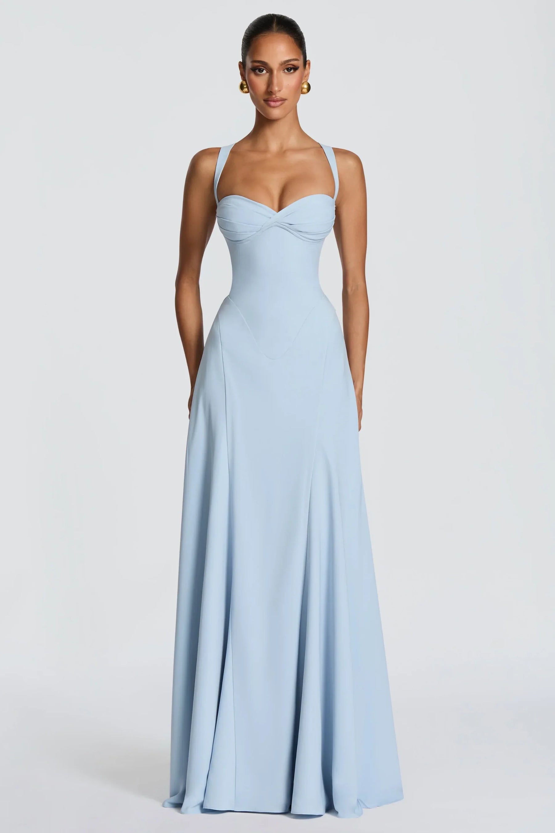 Women's Satin Sweetheart Maxi Prom Dress, Lace-Up Back | Amber in Light Blue