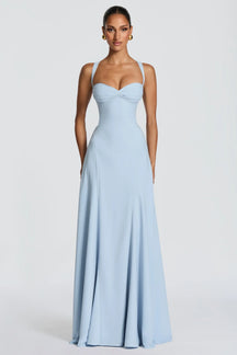 Women's Satin Sweetheart Maxi Prom Dress, Lace-Up Back | Amber in Light Blue
