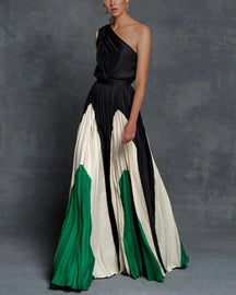 Women's One-Shoulder Pleated Maxi Evening Dress | Amber in Green
