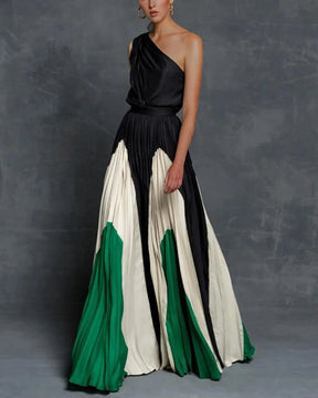Women's One-Shoulder Pleated Maxi Evening Dress | Amber in Green