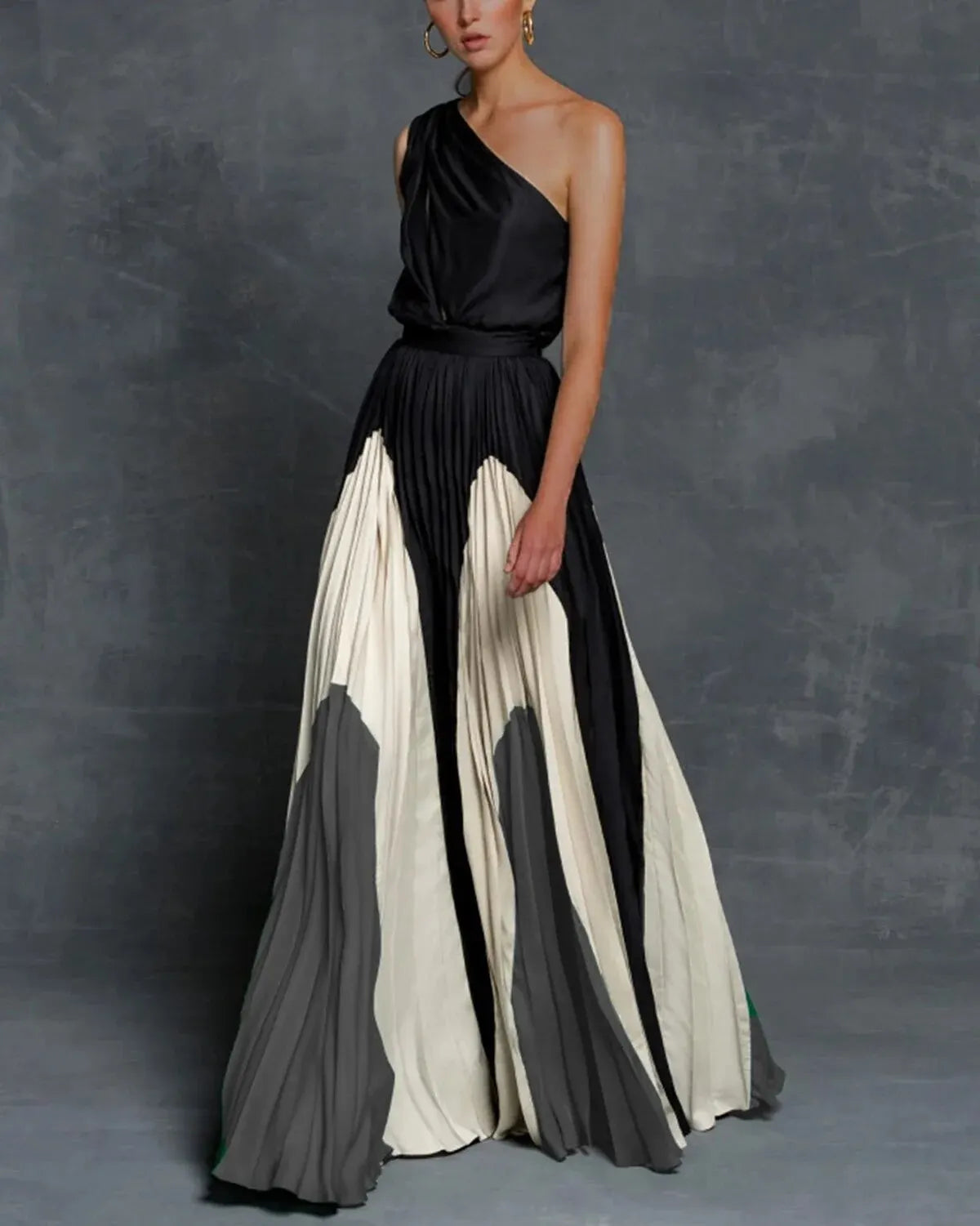 Women's One-Shoulder Pleated Maxi Evening Dress | Amber in Gray