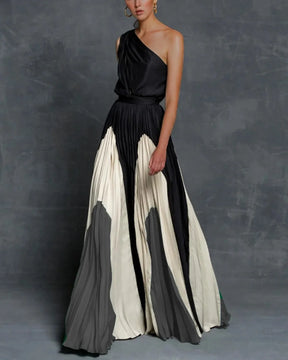 Women's One-Shoulder Pleated Maxi Evening Dress | Amber in Gray