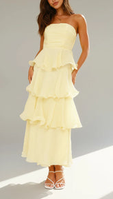 Women's Strapless Ruffle Maxi Wedding Guest Dress | Amber in Yellow