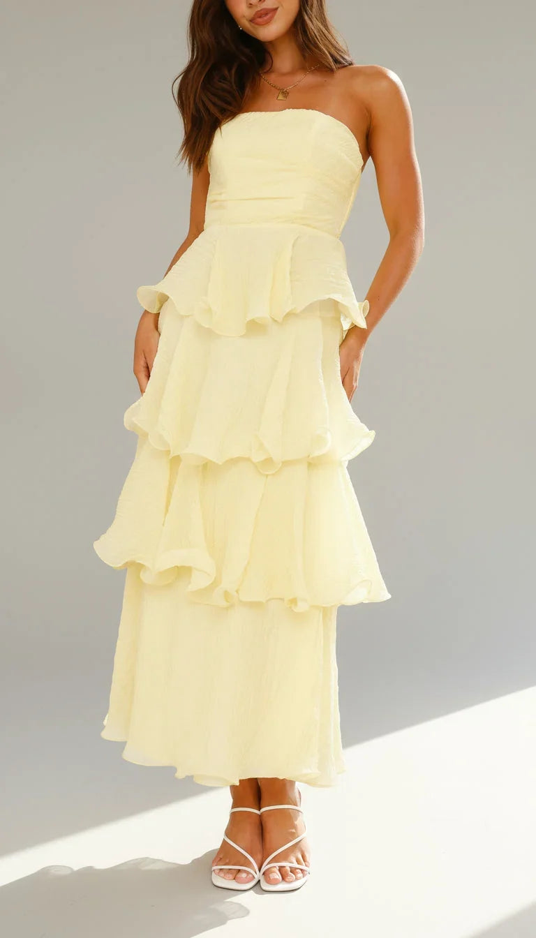 Women's Strapless Ruffle Maxi Wedding Guest Dress | Amber in Yellow