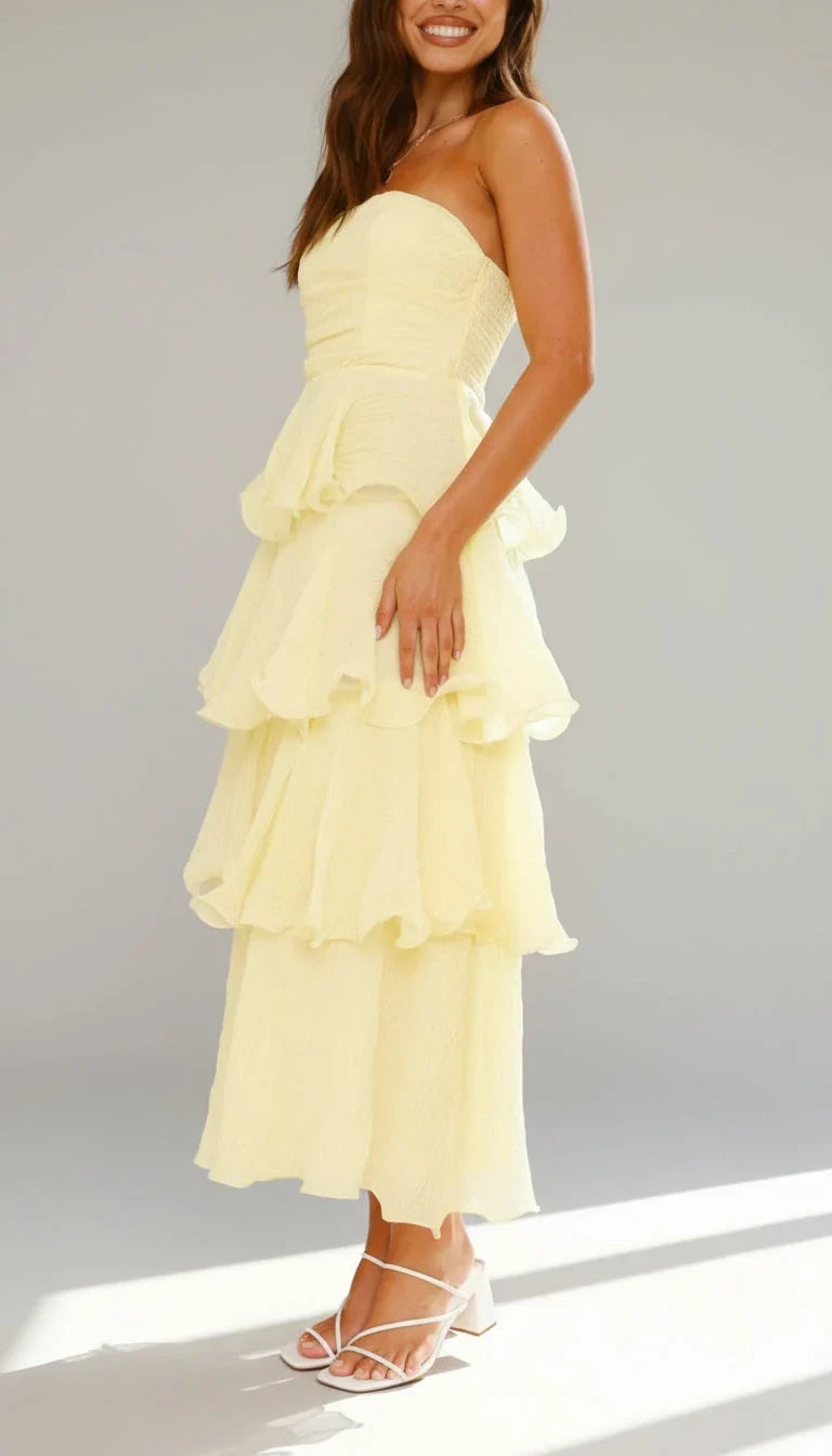 Women's Strapless Ruffle Maxi Wedding Guest Dress | Amber